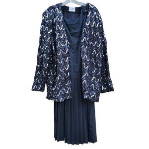 Vtg Lady Winn Businesswoman Work Black Sequin Box Square Jacket & R.A.'s Dress L